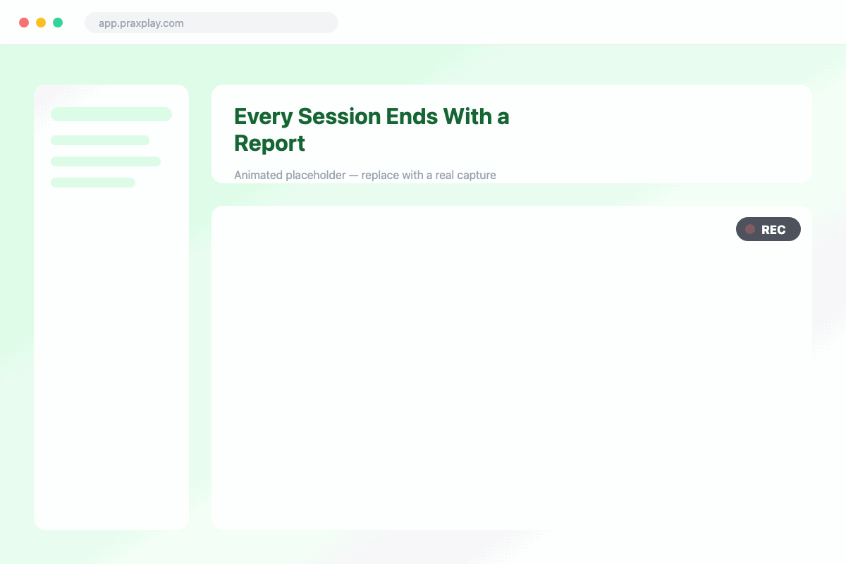 Screen recording of a completed practice session turning into an instant report with a summary, strengths, and growth areas.