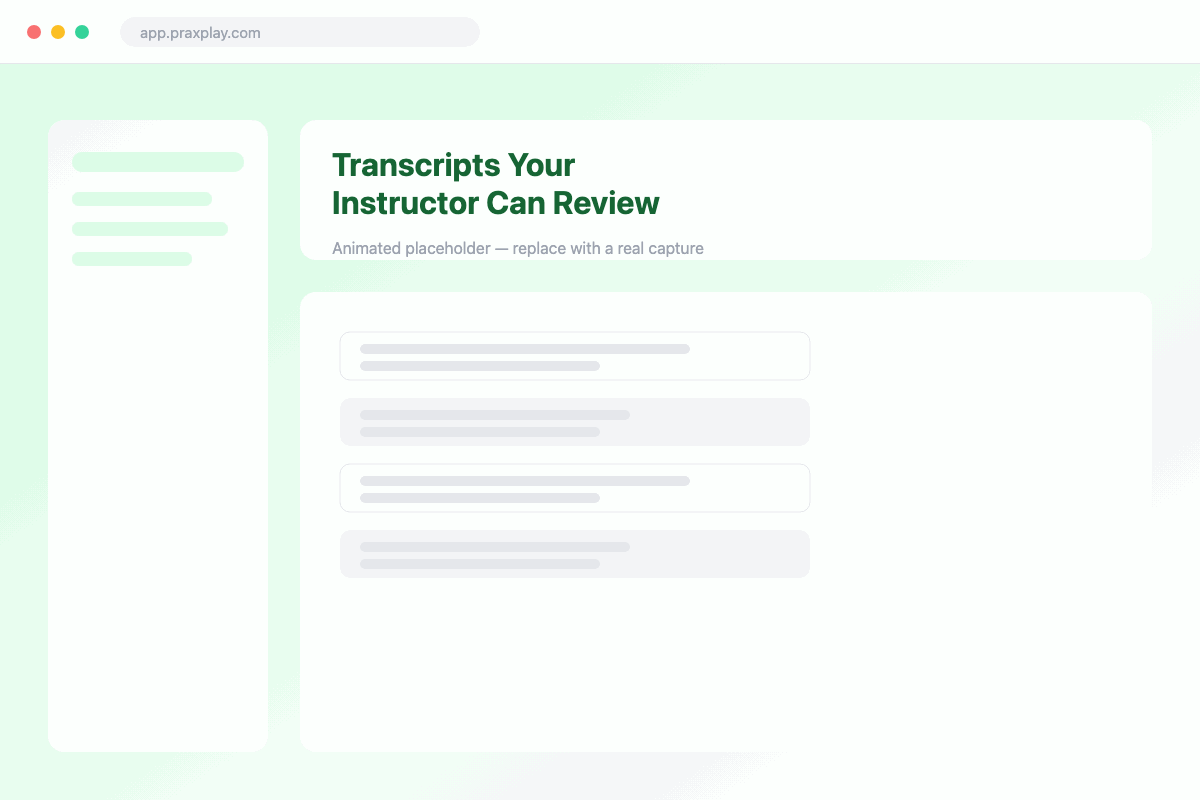 A Praxplay session transcript with an instructor's comment attached to a specific message.
