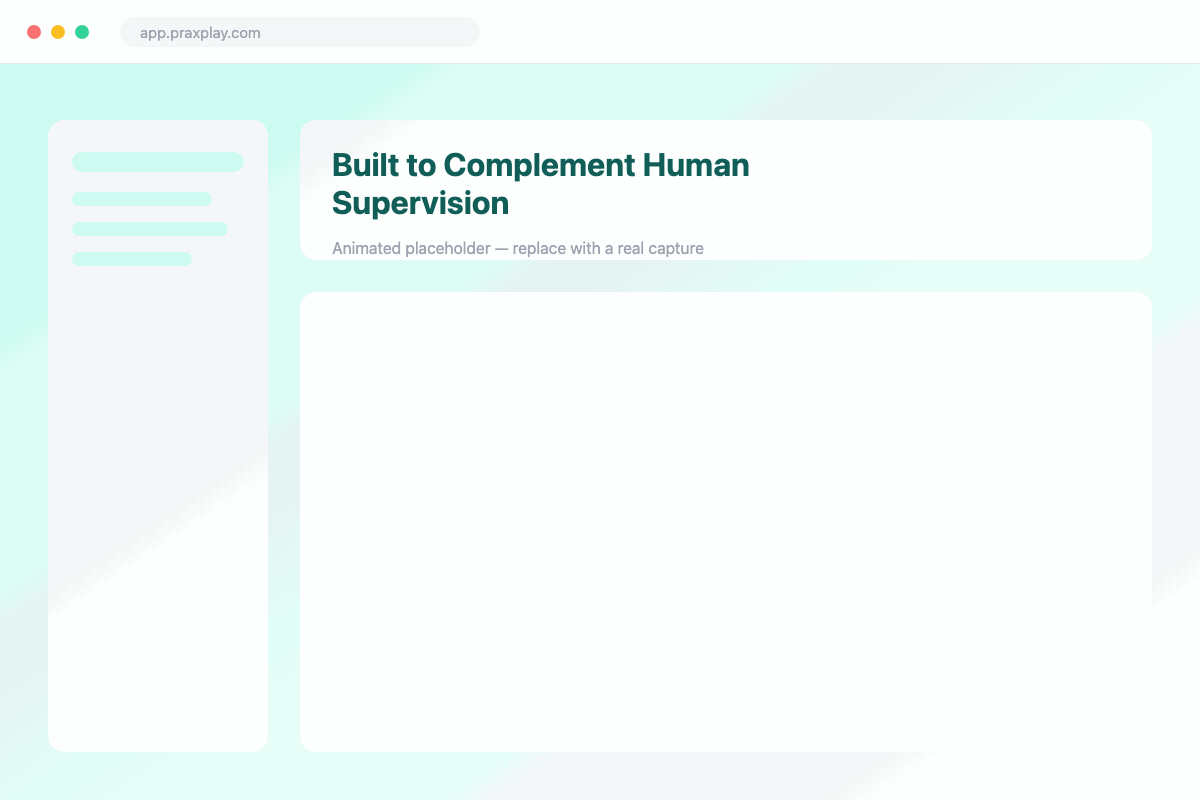 An AI supervisor conversation open beside a practice session, positioned as a complement to human supervision.