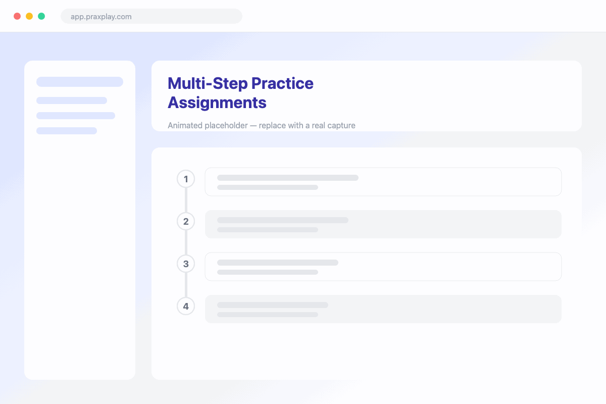 A Praxplay assignment builder showing sequenced conversation and written reflection steps with goals, learning objectives, and a due date.