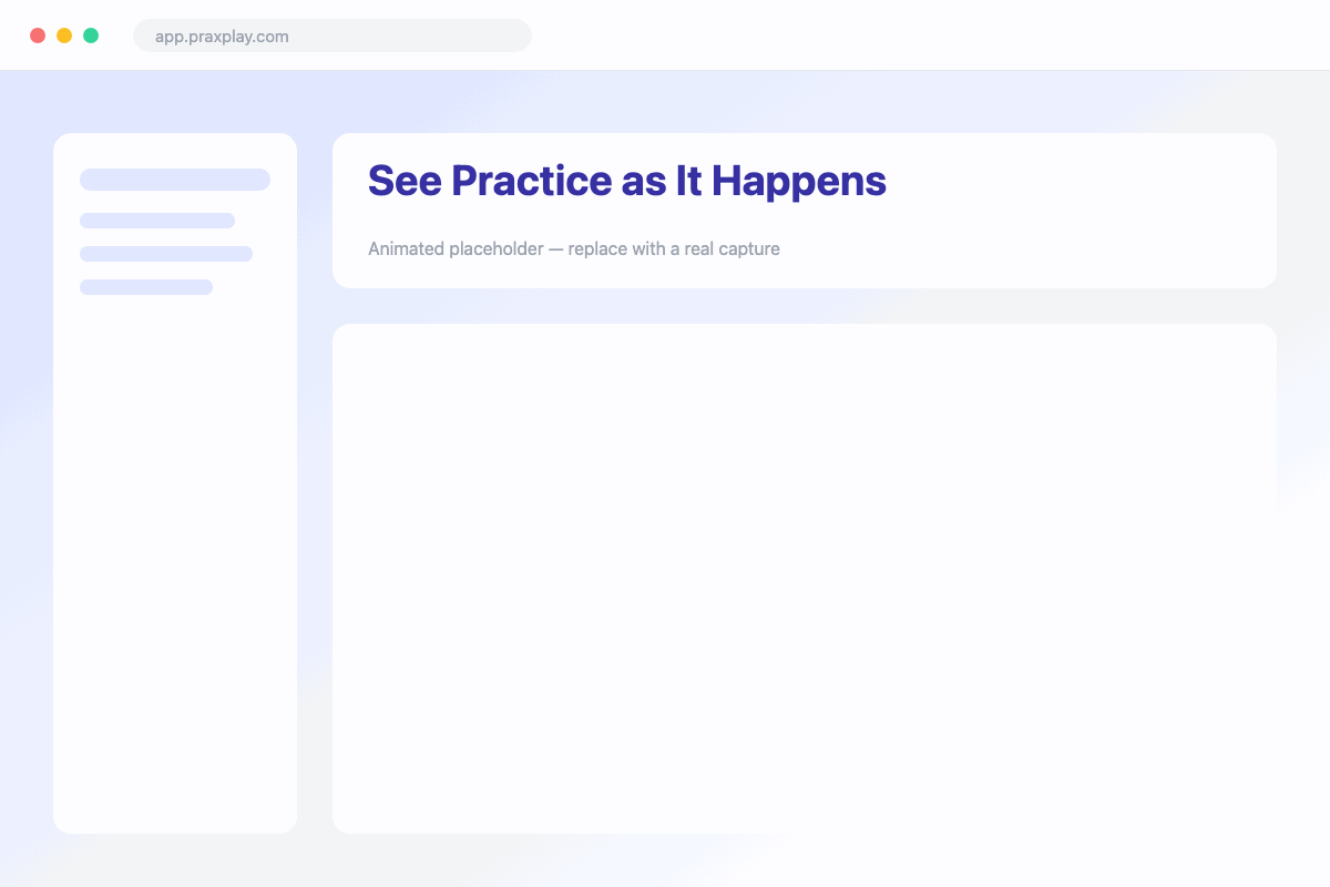 A Praxplay per-course activity feed listing student practice sessions and completions in real time.
