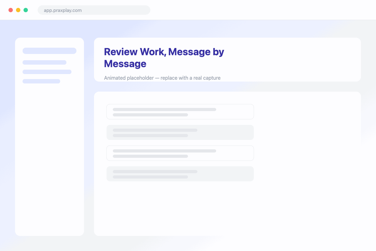 A submitted Praxplay session under review with an instructor comment on a single transcript message.
