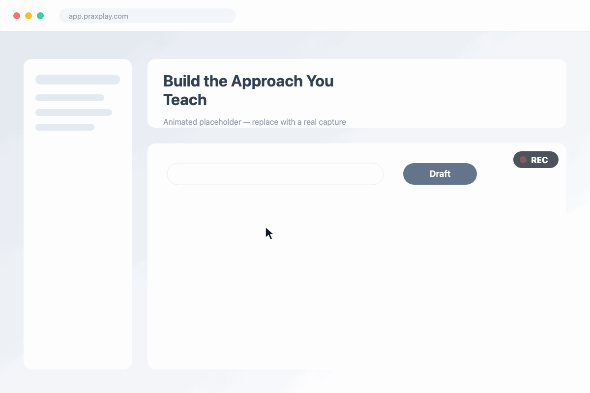 Screen recording of Praxplay's custom approach builder generating evaluation criteria with AI and uploaded supporting documents.